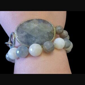 Labradorite Gray And White Bead Silver Tone Stretch Bracelet Lot Of 2 OSFM